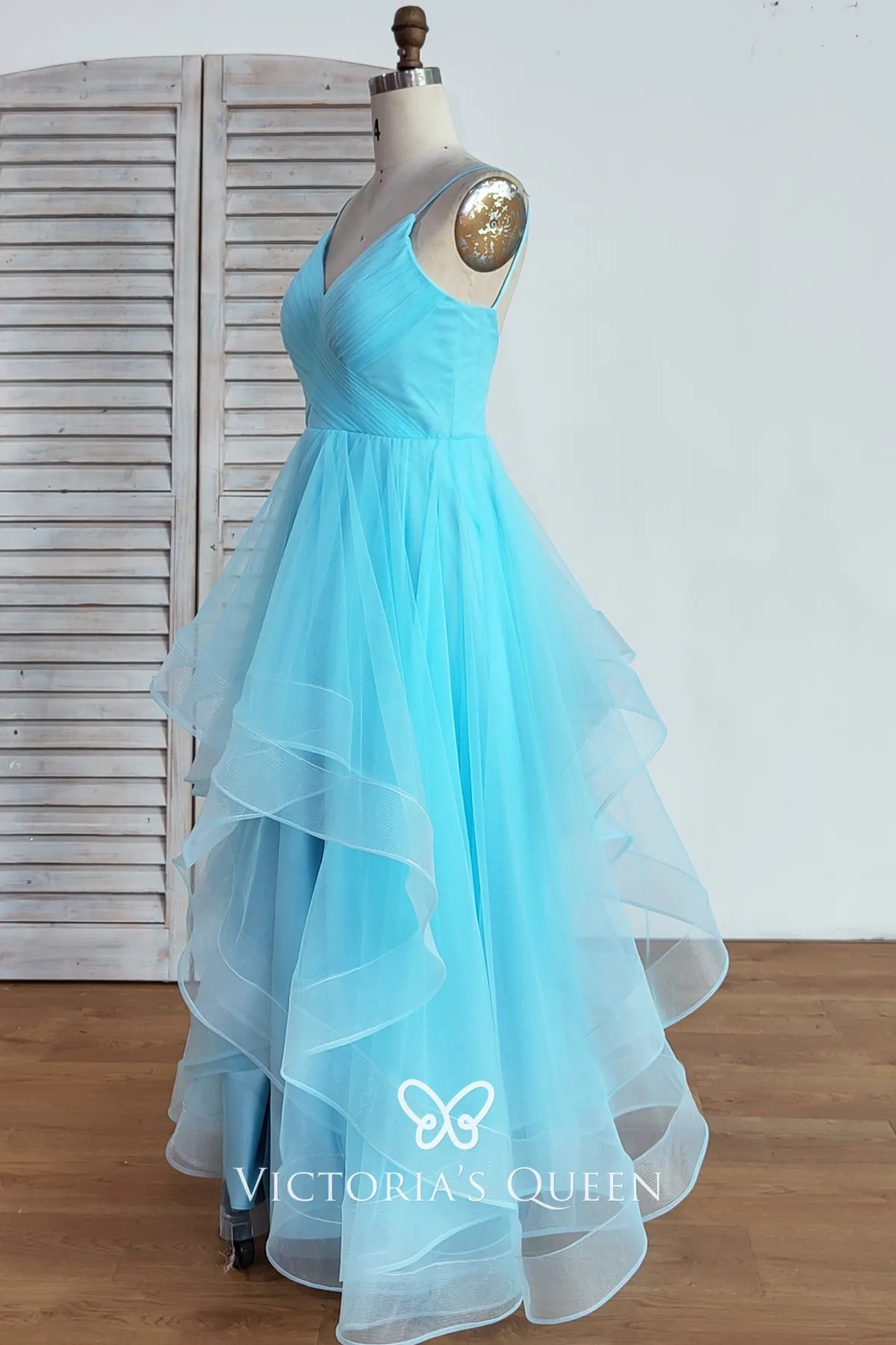 Blue Sleeveless Open Back Horsehair Floor Length Prom Gown - VQ