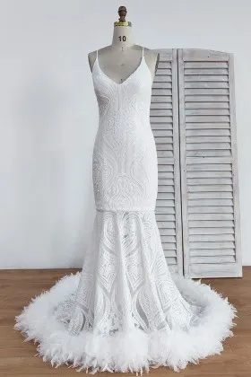 unique spaghetti strap white feathered trumpet prom dress
