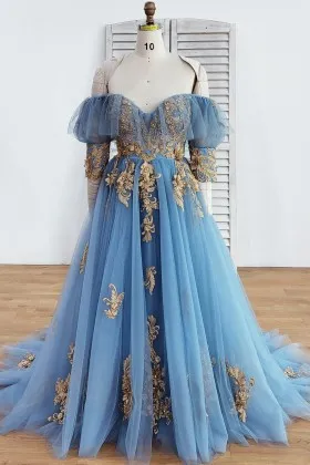 off the shoulder blue tulle gold lace bridal shower gown