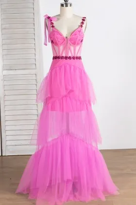 lovely alluring sheer candy pink tulle tiered skirt prom gown
