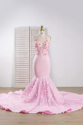 Pretty Pink Satin 3D Rose Flowers Mermaid Party Dress Long Evening Gown
