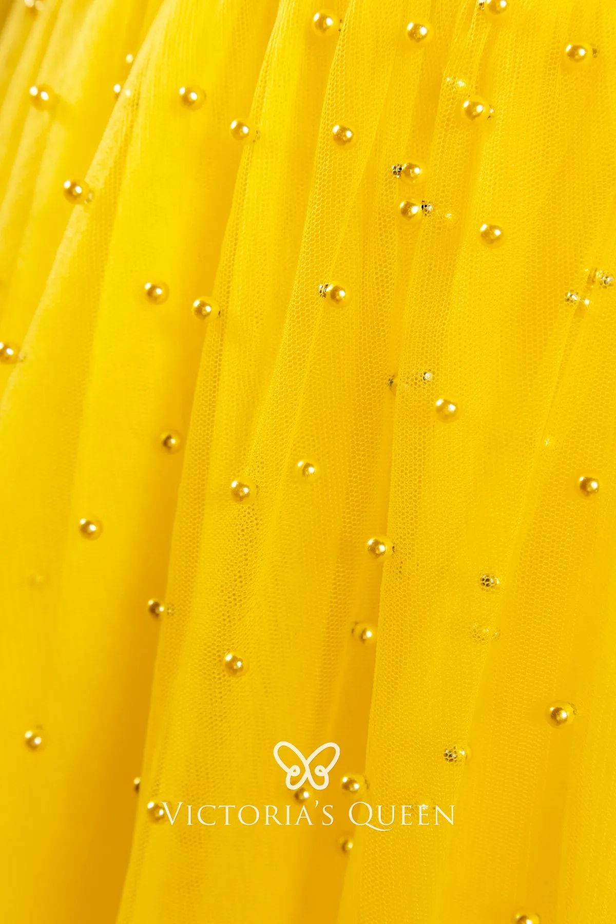 Pearls Embellished Yellow Prom Dress with Long Train VQ