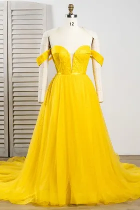 pearls embellished yellow prom dress with long train