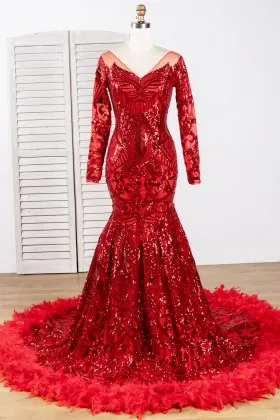 fabulous red sequin feather hem long sleeves prom dress