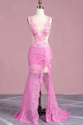 alluring sheer cut out slit beaded candy pink prom gown