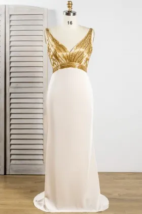 Luxury gold beads and appliques beige satin evening dress