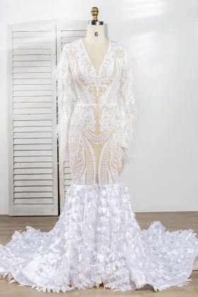 sheer white sequin petals long sleeve sexy African American prom dress