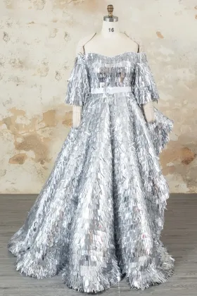 off shoulder metallic silver fringe sequin pageant dress