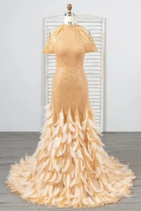 sparkly gold beading feathers high neck mermaid prom dress