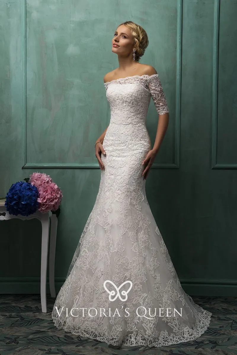Elegant vintage off white lace mermaid wedding gown with half sleeve jacket