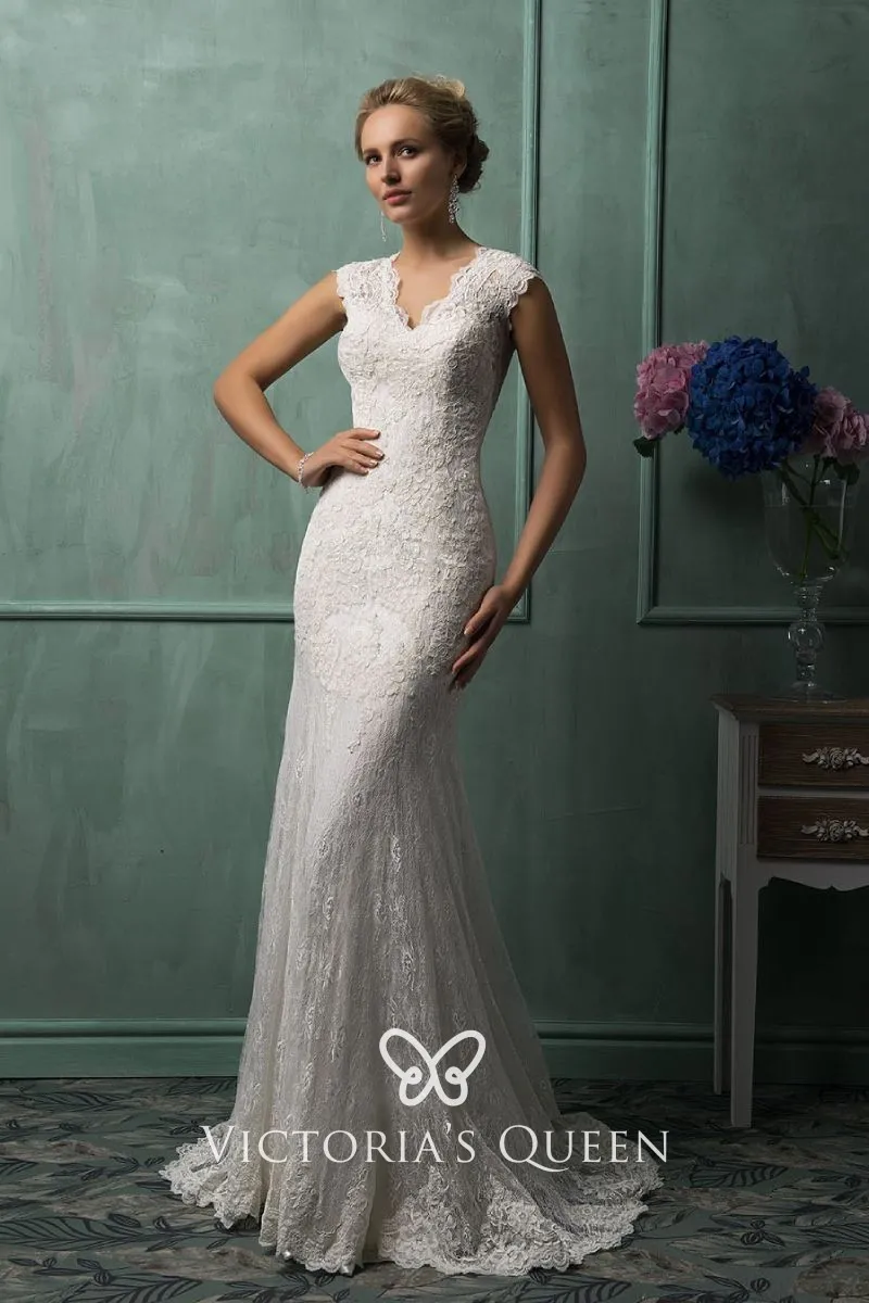 Classic timeless off white lace cap sleeve mermaid designer wedding dress