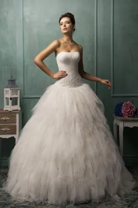 criss cross pleated ivory tulle strapless cascading tiered wedding ball gown