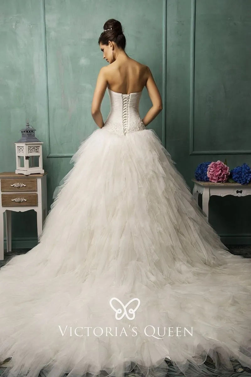 pleated ivory tulle strapless cascading tiered wedding ball gown