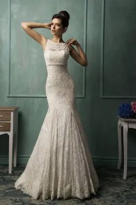 Vintage ivory lace illusion neckline slim fit mermaid long wedding gown