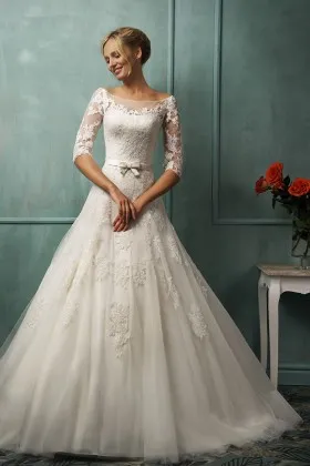 Timeless elegant illusion sweetheart lace elbow sleeve Cathedral train wedding gown