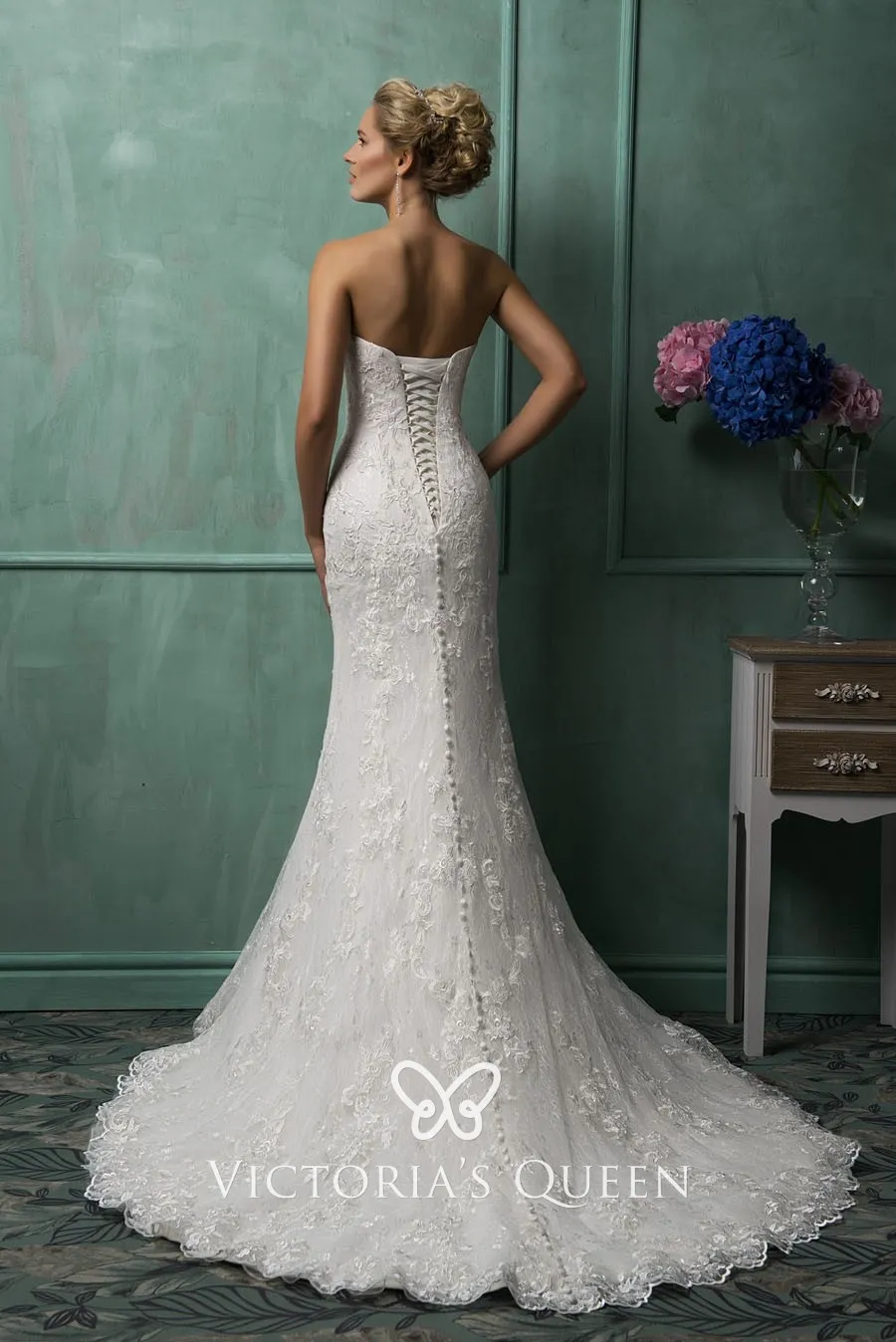 off white lace up back elegant mermaid wedding dress