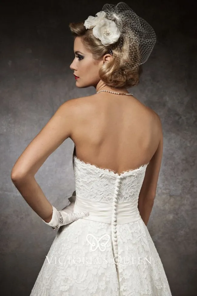 beautiful tea length ivory lace strapless sweetheart wedding dress