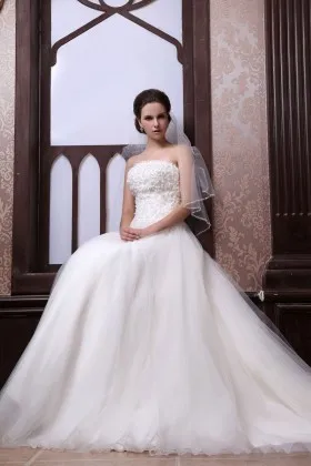 Cute floral bodice white satin and tulle strapless wedding gown
