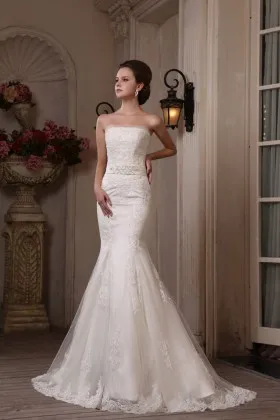Elegant ivory lace satin tulle strapless mermaid floor length wedding dress