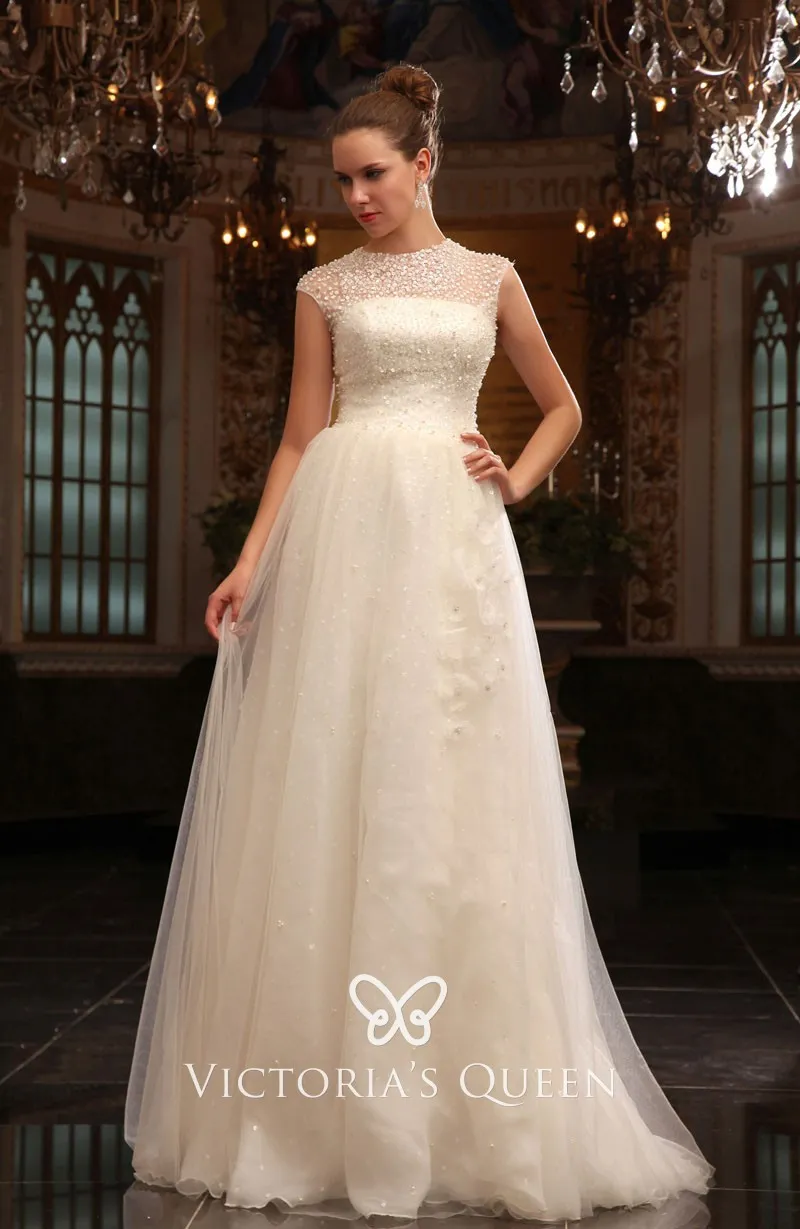 Pearls Embellished Illusion Neckline Ivory Princess Long Wedding Dress