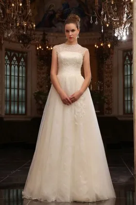 Pearls embellished illusion neckline ivory princess long wedding dress