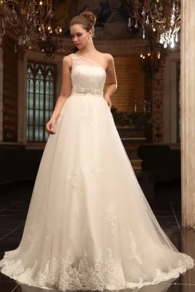 Princess single shoulder ivory satin tulle and lace floor length wedding dress