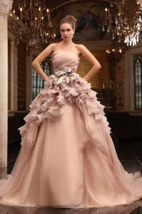 ruffled champagne organza and tulle strapless princess ball gown wedding dress