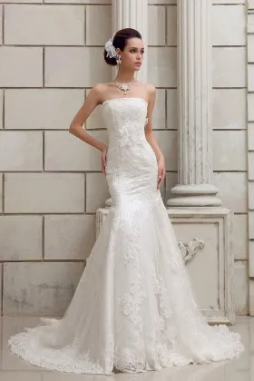 Glamorous ivory lace and tulle mermaid floor length wedding dress