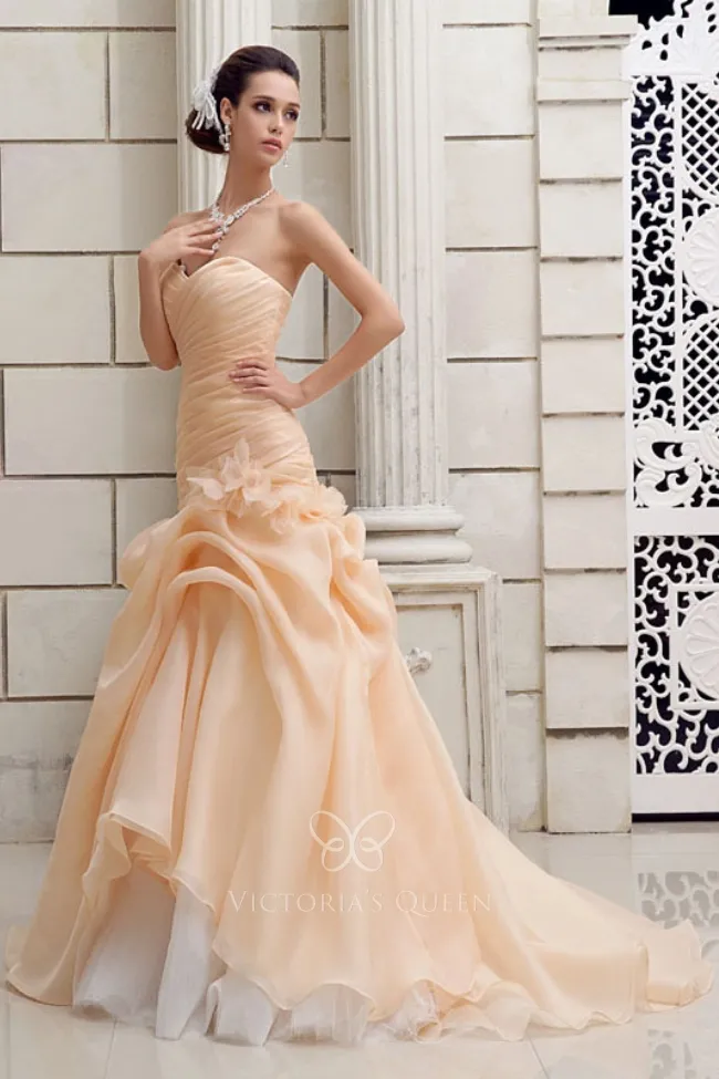 Champagne Chiffon Sweetheart Ruched Draped Wedding Gown - VQ