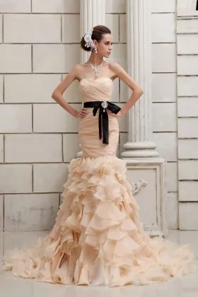 Modern champagne organza ruched drop waist ruffled trumpet wedding dress