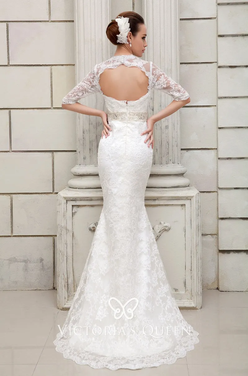 Elegant vintage scalloped V neckline half sleeve ivory lace wedding dress