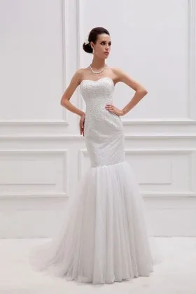 Sparkly pearls embellished off white drop waist trumpet long wedding gown