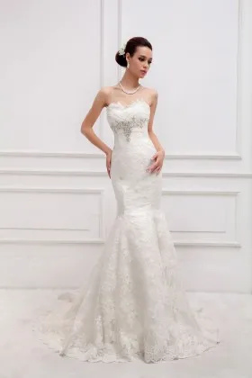 Beaded pleated strapless sweetheart ivory mermaid modern wedding dress