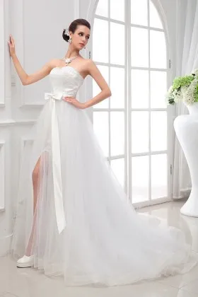 white satin lace and tulle overskirt strapless sweetheart informal wedding dress