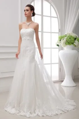 Strapless white lace and satin with tulle overlay mermaid romantic wedding dress