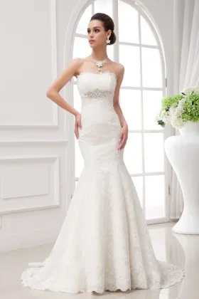 Elegant ivory lace beaded strapless mermaid floor length church wedding dress