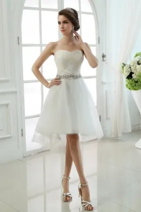 criss cross pleated ivory tulle overlay strapless sweetheart short casual bridal dress