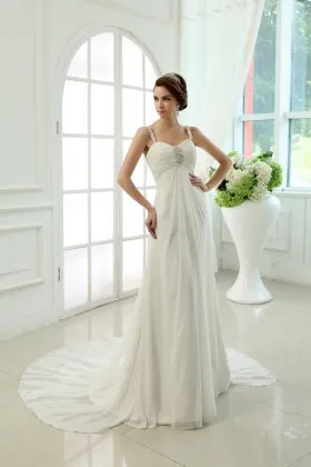 Ivory pleated draped chiffon overlay beaded empire waist long wedding dress