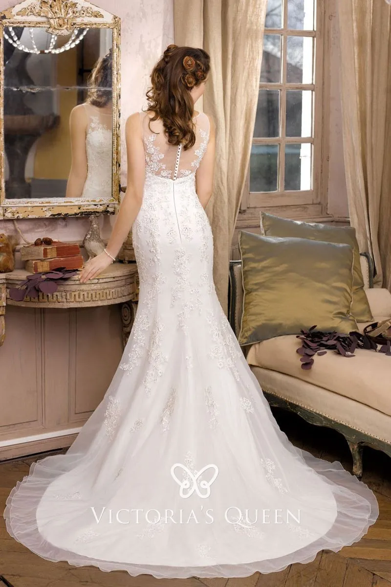 lace appliqued illusion neckline ivory satin fit and flare wedding dress lace appliqued illusion neckline ivory satin fit and flare wedding dress