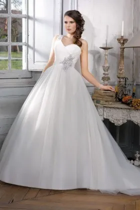 appliqued white tulle overlay elegant one shoulder bridal ball gown