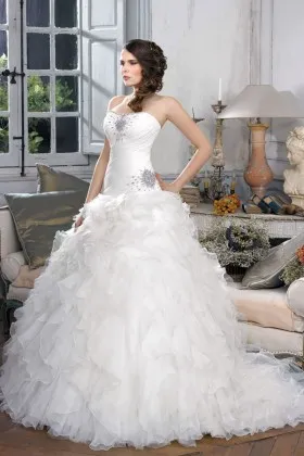 Gorgeous beaded strapless sweetheart white organza ruffled wedding ball gown