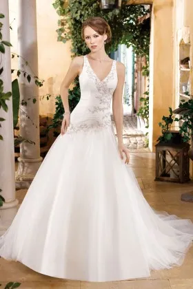 Glamorous lace appliqued white satin and tulle V neck ball gown wedding dress