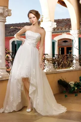 Fashion beaded ivory satin and tulle high low wedding dress with lace appliques