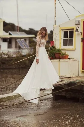 70s inspired bohemian style lace and chiffon illusion long sleeves bridal dress