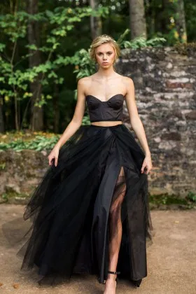 Black two piece satin and tulle strapless thigh high slit forest bridal gown