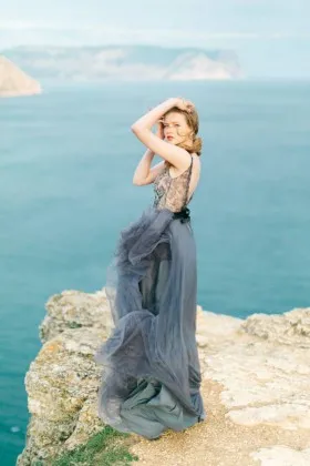Indigo lace and tulle nature destination long bridal gown