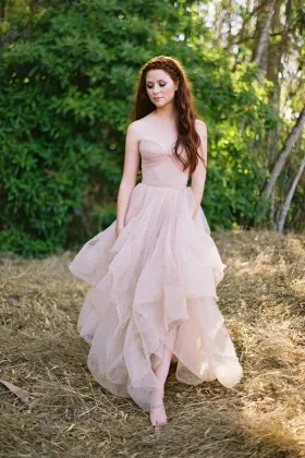 flounced blush tulle strapless sweetheart fairy destination bridal dress