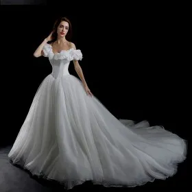 ruffled off the shoulder basque waist off white tulle Cinderella wedding ball gown