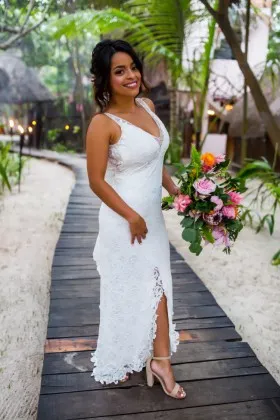 Sleeveless V neck white lace tulip spring outdoor bridal gown with long train