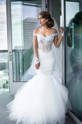 White lace and tulle modern off the shoulder mermaid wedding dress